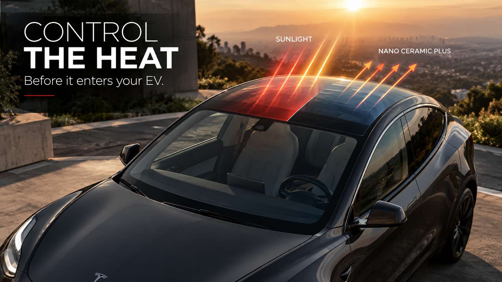 Split-screen Tesla Model Y interior comparing factory glass with Nano Ceramic Plus, showing infrared heat entering on the left and being reflected on the right with up to 98% IR rejection.